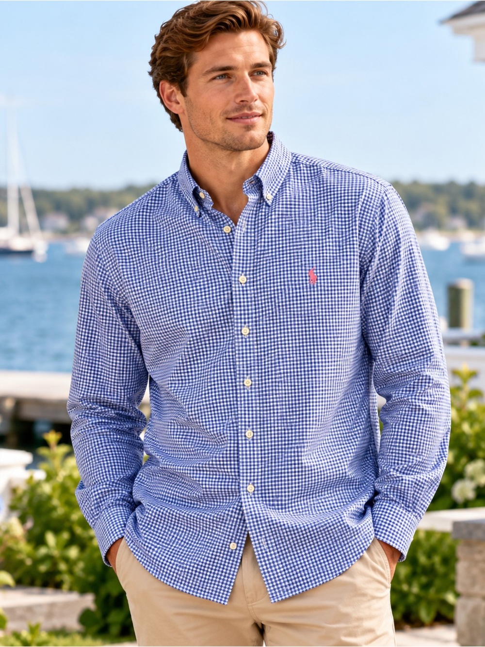 Ralph Lauren Mens XLT Tall Blue Gingham Button Down Shirt Pink Pony Logo